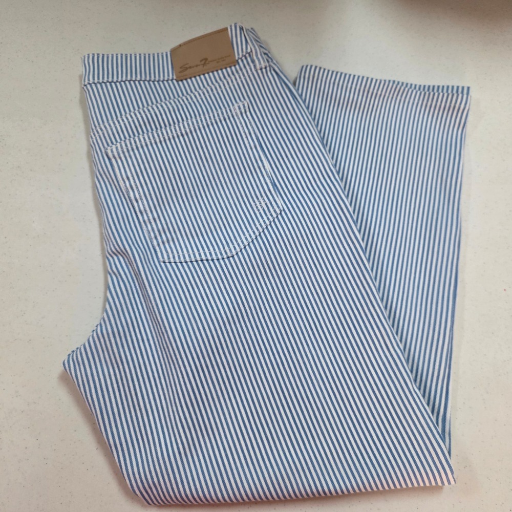 Seven7 Women Blue White Vertical Striped Straight Leg Denim Jeans Size 8